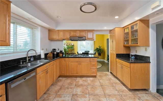 13520 Fenton Ave, Sylmar, CA 91342 - kitchen with appliances with stainless steel finishes, under cabinet range hood, glass insert cabinets, dark stone counters, and light tile patterned floors