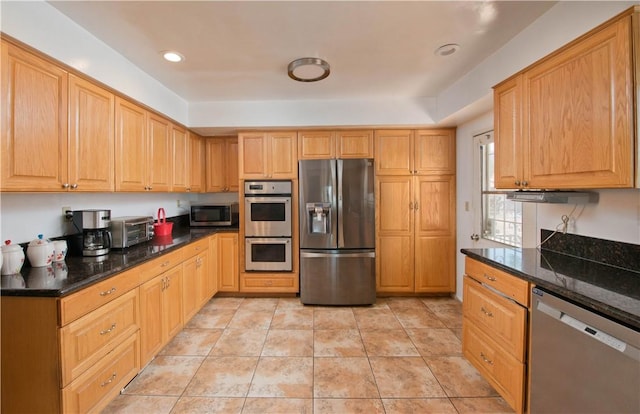 13520 Fenton Ave, Sylmar, CA 91342 - kitchen with appliances with stainless steel finishes, recessed lighting, dark stone countertops, and light tile patterned floors