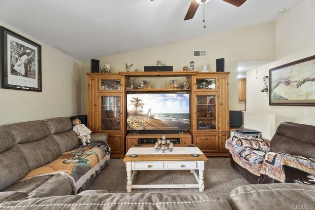 16110 Oak Springs Dr, Ramona, CA 92065 - carpeted living area with vaulted ceiling and ceiling fan