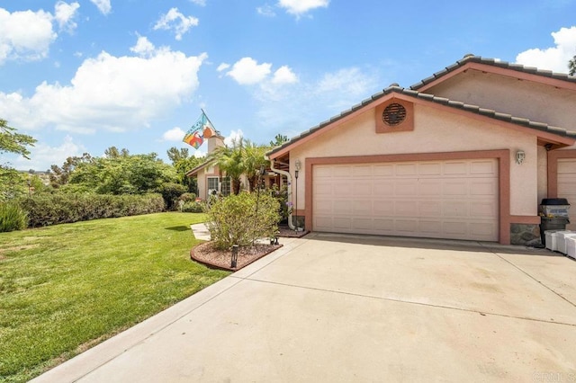 16110 Oak Springs Dr, Ramona, CA 92065 - view of front of house with stucco siding, driveway, a front lawn, an attached garage, and a tile roof
