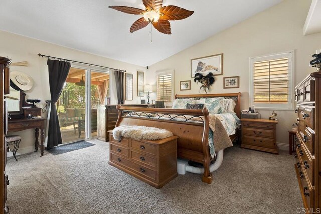 16110 Oak Springs Dr, Ramona, CA 92065 - carpeted bedroom featuring access to outside, lofted ceiling, and ceiling fan