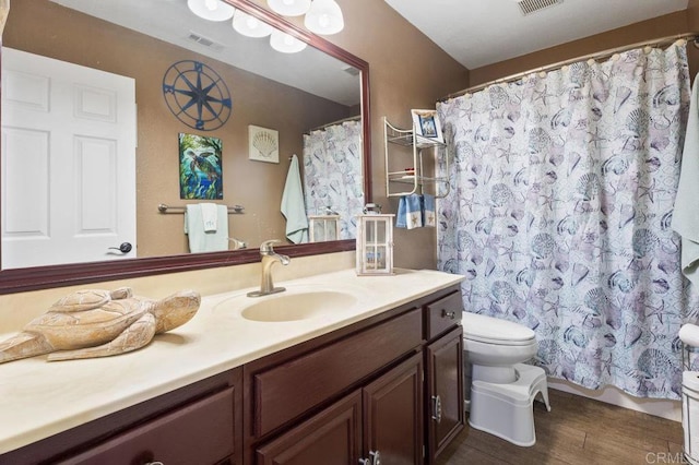 16110 Oak Springs Dr, Ramona, CA 92065 - bathroom with vanity, wood finished floors, and a shower with shower curtain