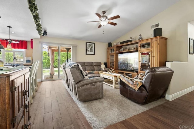16110 Oak Springs Dr, Ramona, CA 92065 - living area with a ceiling fan, wood finished floors, and vaulted ceiling