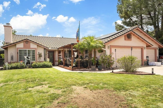 16110 Oak Springs Dr, Ramona, CA 92065 - single story home with roof mounted solar panels, a tiled roof, an attached garage, a chimney, and concrete driveway