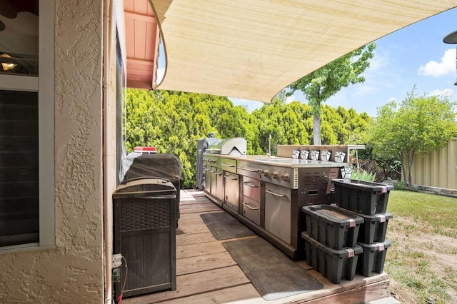 16110 Oak Springs Dr, Ramona, CA 92065 - wooden terrace featuring exterior kitchen