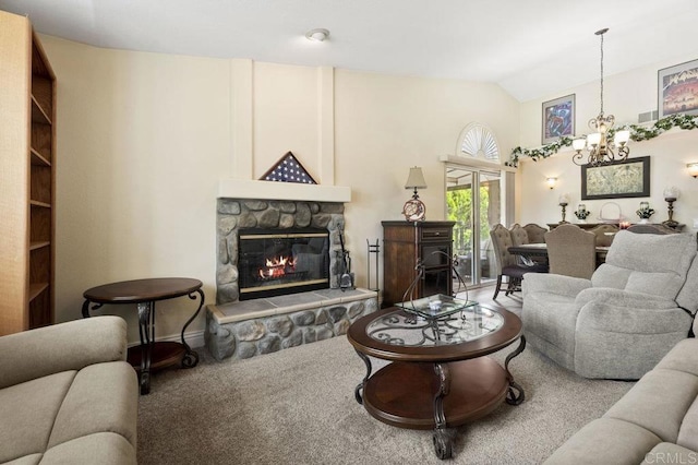 16110 Oak Springs Dr, Ramona, CA 92065 - living room featuring a chandelier, lofted ceiling, a fireplace, and carpet