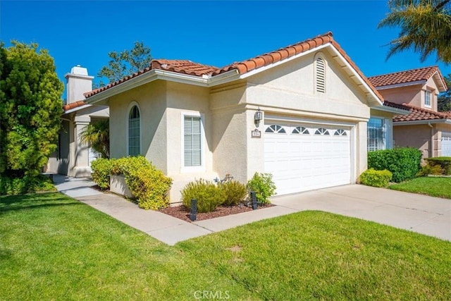 534 Misty View Way, Nipomo, CA 93444 - mediterranean / spanish home with a garage, stucco siding, a front lawn, a chimney, and concrete driveway