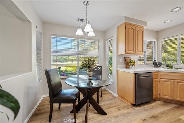 534 Misty View Way, Nipomo, CA 93444 - kitchen featuring stainless steel dishwasher, light brown cabinetry, a chandelier, light wood-type flooring, and recessed lighting