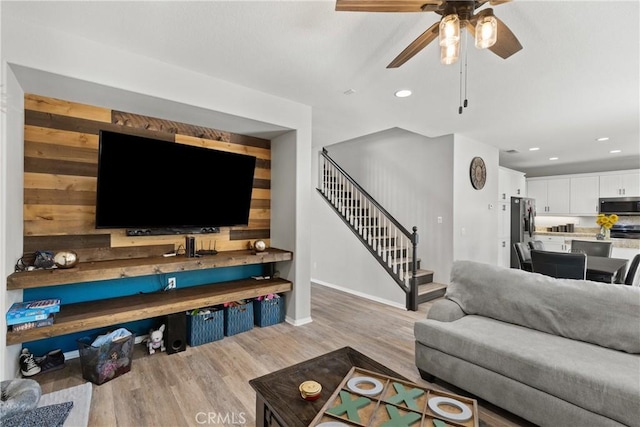 4735 Cassiope Ct, Hemet, CA 92545 - living room with stairway, ceiling fan, wood finished floors, and recessed lighting