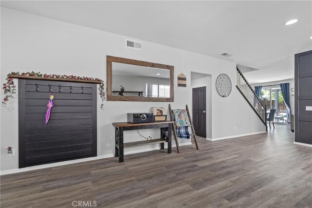 4735 Cassiope Ct, Hemet, CA 92545 - entryway featuring stairs, wood finished floors, and recessed lighting