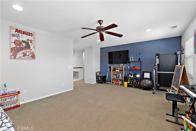 4735 Cassiope Ct, Hemet, CA 92545 - rec room with ceiling fan, carpet flooring, and recessed lighting
