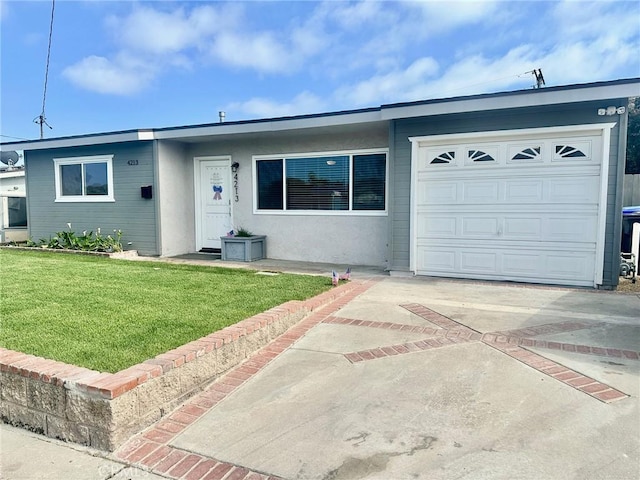 4213 Lonnie St, Oceanside, CA 92056 - ranch-style house featuring an attached garage, a front yard, driveway, and stucco siding