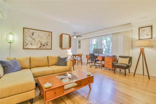 1030 E 2nd St Unit 7, Long Beach, CA 90802 - living room with wood finished floors, a wall mounted AC, and a ceiling fan