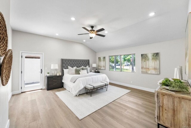 6082 Highland Ave, Yorba Linda, CA 92886 - bedroom featuring light wood-style floors, recessed lighting, lofted ceiling, and a ceiling fan
