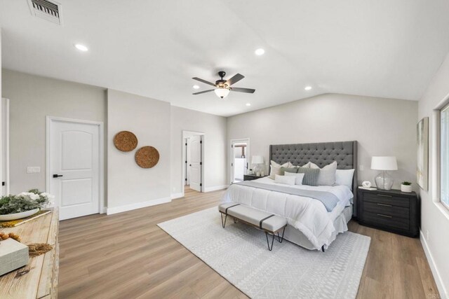 6082 Highland Ave, Yorba Linda, CA 92886 - bedroom with light wood-style flooring, recessed lighting, a ceiling fan, and vaulted ceiling