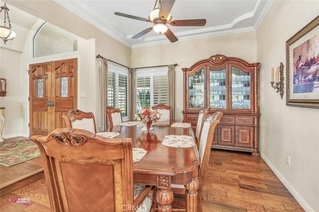 3208 Bridlewood Ct, Bakersfield, CA 93311 - dining space with a ceiling fan, wood finished floors, and crown molding