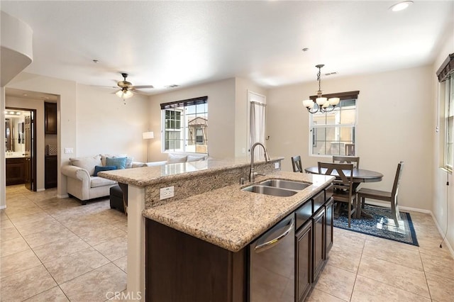 31186 Lavender Ct Unit 164, Temecula, CA 92592 - kitchen with stainless steel dishwasher, light tile patterned flooring, a chandelier, decorative light fixtures, and a ceiling fan