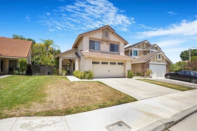 3931 Cottonwood Grove Trl, Calabasas, CA 91301 - view of front facade featuring stucco siding, a garage, a front lawn, and a tile roof