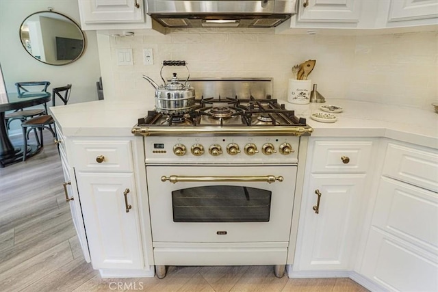 3931 Cottonwood Grove Trl, Calabasas, CA 91301 - kitchen view of high end range, white cabinets, light wood-style flooring, and decorative backsplash