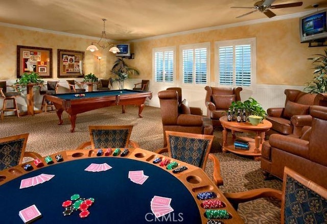 5073 S Mccleve Way W, Ontario, CA 91762 - playroom featuring wainscoting, ceiling fan, billiards table, ornamental molding, and carpet floors