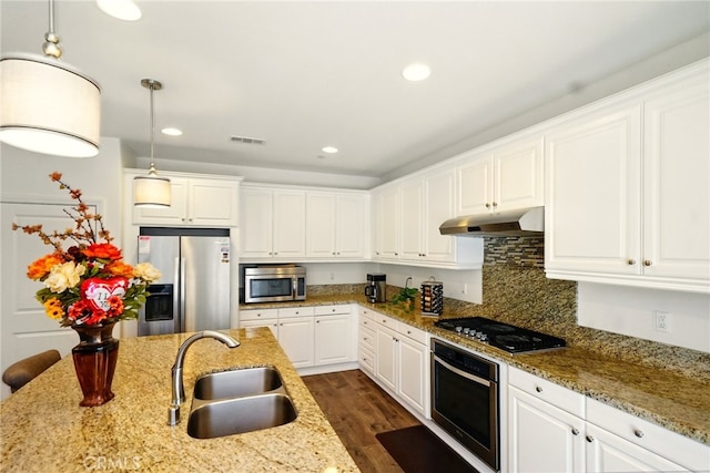 5073 S Mccleve Way W, Ontario, CA 91762 - kitchen with appliances with stainless steel finishes, under cabinet range hood, dark wood-style flooring, white cabinetry, and recessed lighting