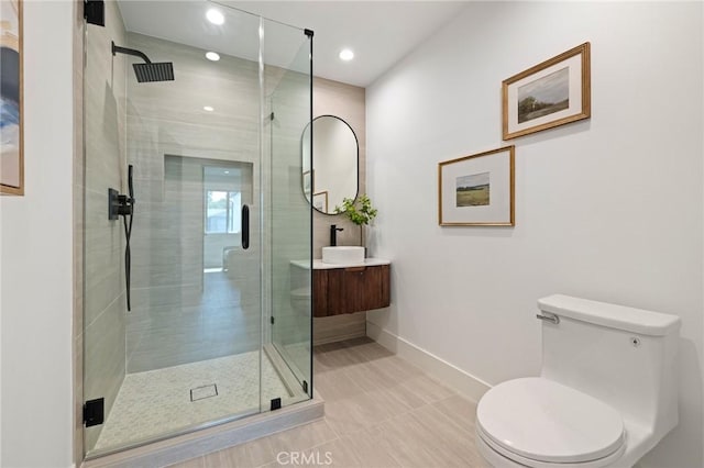 8840 Valjean Ave, North Hills, CA 91343 - full bathroom featuring a shower stall, vanity, recessed lighting, and tile patterned flooring