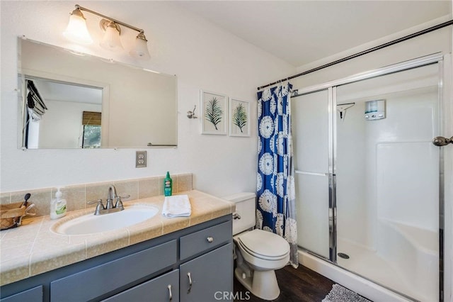 25389 Oak Glen Rd, Twin Peaks, CA 92391 - full bathroom featuring vanity, curtained shower, and wood finished floors