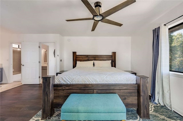 25389 Oak Glen Rd, Twin Peaks, CA 92391 - bedroom featuring wood finished floors, a ceiling fan, and ensuite bath