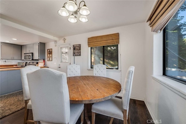 25389 Oak Glen Rd, Twin Peaks, CA 92391 - dining space featuring dark wood-style floors, a chandelier, and plenty of natural light