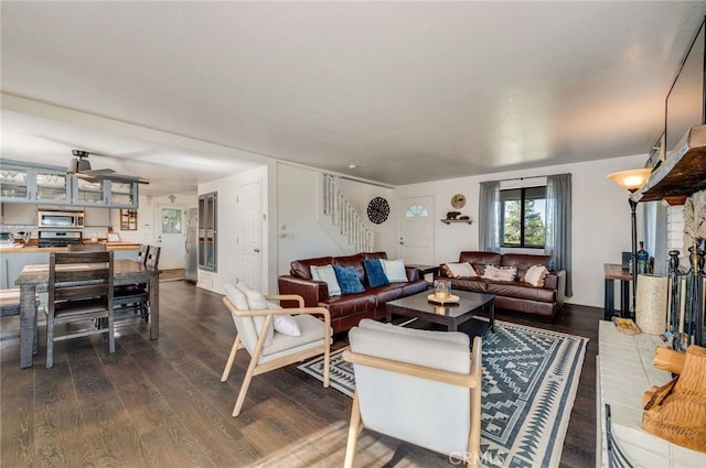 25389 Oak Glen Rd, Twin Peaks, CA 92391 - living area with dark wood-style flooring and stairway