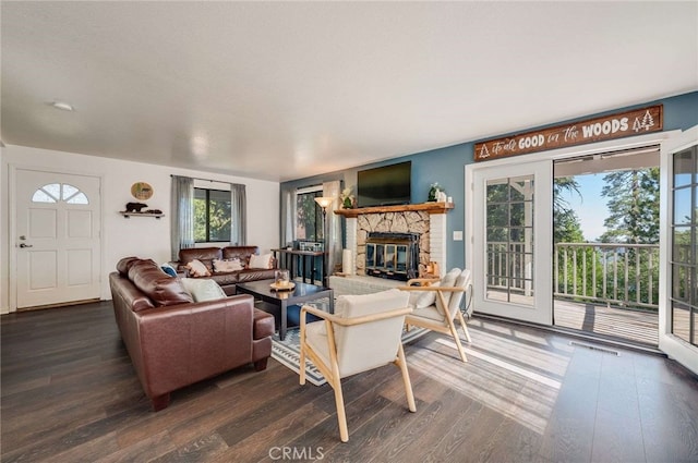 25389 Oak Glen Rd, Twin Peaks, CA 92391 - living area featuring wood finished floors and a fireplace