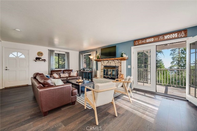 25389 Oak Glen Rd, Twin Peaks, CA 92391 - living room with dark wood-type flooring and a fireplace