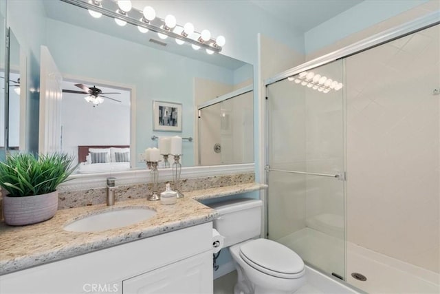 20342 Via Cellini, Porter Ranch, CA 91326 - bathroom with vanity, a stall shower, and a ceiling fan