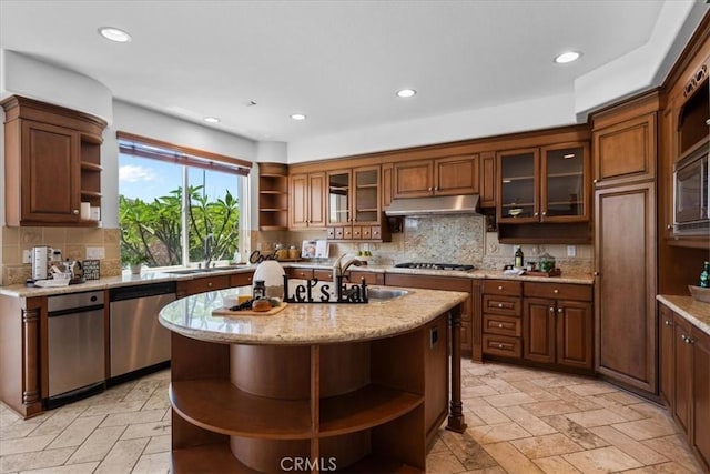 20342 Via Cellini, Porter Ranch, CA 91326 - kitchen featuring open shelves, appliances with stainless steel finishes, under cabinet range hood, and recessed lighting