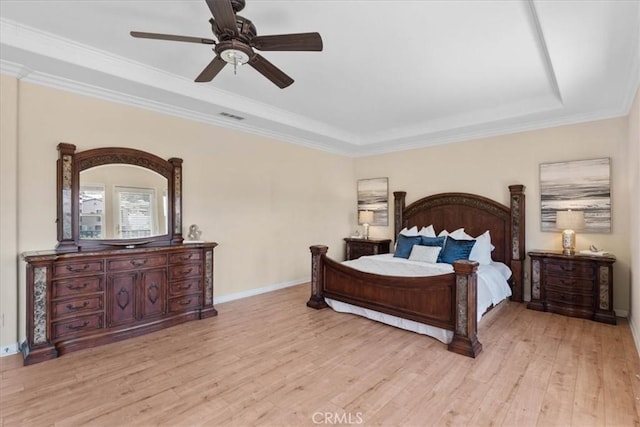 20342 Via Cellini, Porter Ranch, CA 91326 - bedroom featuring light wood-type flooring, crown molding, a raised ceiling, and ceiling fan