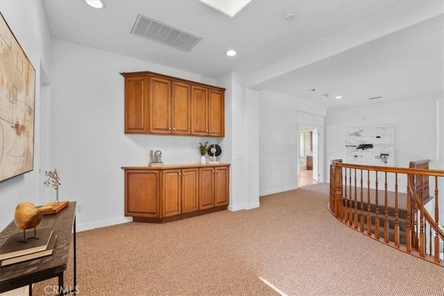 20342 Via Cellini, Porter Ranch, CA 91326 - hall featuring light colored carpet, recessed lighting, an upstairs landing, and ornamental molding