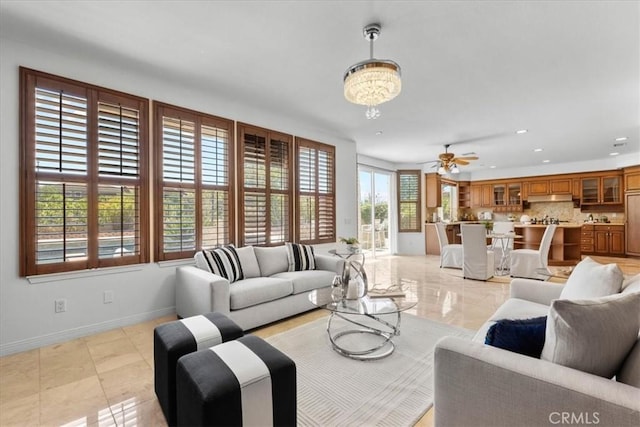 20342 Via Cellini, Porter Ranch, CA 91326 - living room featuring a chandelier, recessed lighting, and ceiling fan