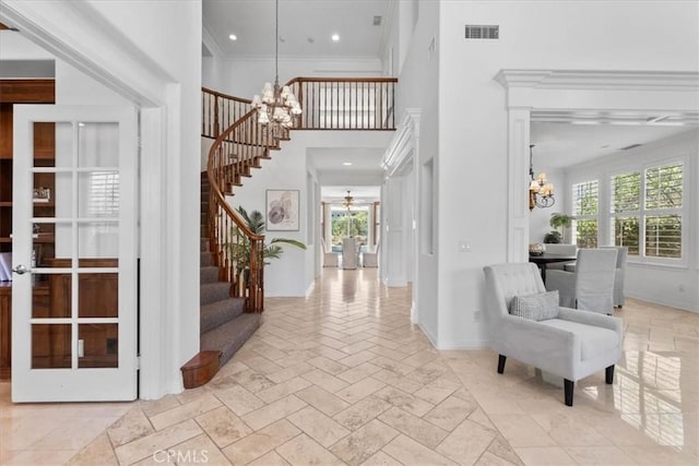 20342 Via Cellini, Porter Ranch, CA 91326 - foyer entrance featuring a chandelier, healthy amount of natural light, stairs, a high ceiling, and recessed lighting