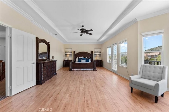 20342 Via Cellini, Porter Ranch, CA 91326 - bedroom with a tray ceiling, light wood-style floors, ornamental molding, and a ceiling fan