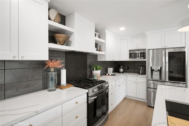 450 Pecan St, Arroyo Grande, CA 93420 - kitchen featuring appliances with stainless steel finishes, open shelves, white cabinets, light wood finished floors, and recessed lighting
