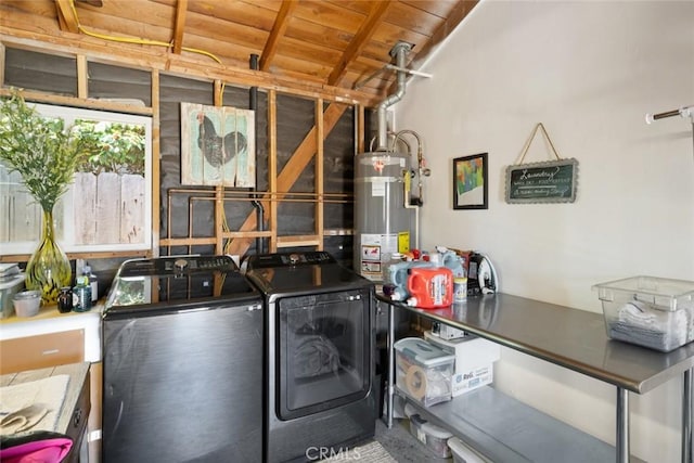 450 Pecan St, Arroyo Grande, CA 93420 - washroom with washing machine and clothes dryer, wood ceiling, and water heater