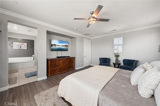 16671 Zest Ct, Riverside, CA 92503 - bedroom with wood finished floors, ornamental molding, ceiling fan, and ensuite bathroom