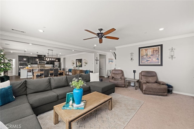 16671 Zest Ct, Riverside, CA 92503 - living area featuring recessed lighting, ceiling fan, ornamental molding, and light carpet