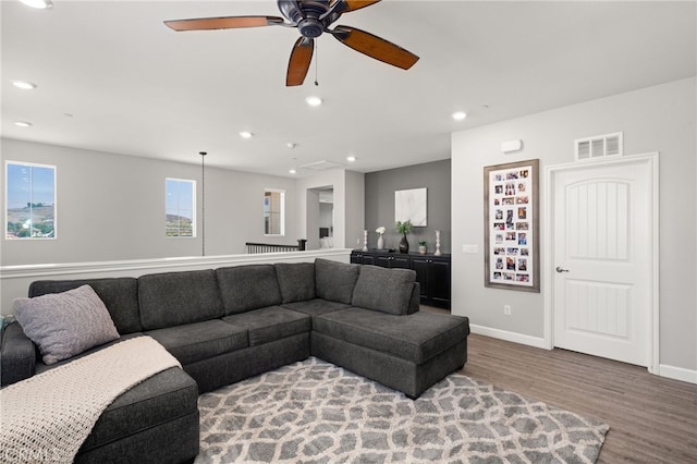 16671 Zest Ct, Riverside, CA 92503 - living area with wood finished floors, ceiling fan, and recessed lighting