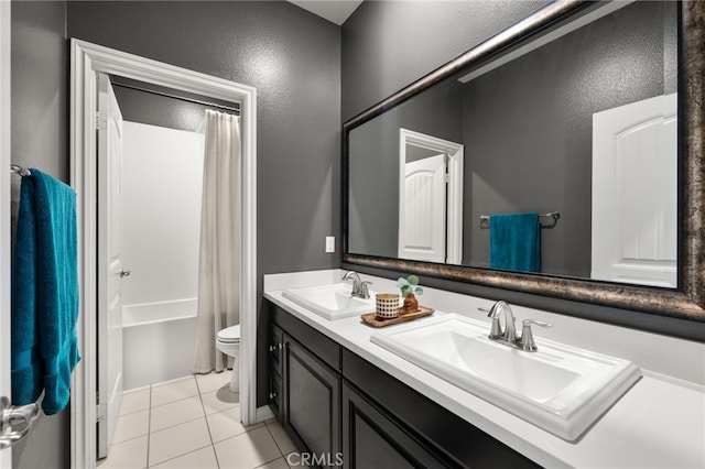 16671 Zest Ct, Riverside, CA 92503 - bathroom with double vanity, tile patterned flooring, shower / bath combo, and a textured wall