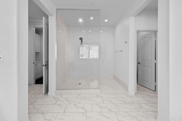 1837 Ashley Ave, Chula Vista, CA 91913 - bathroom featuring marble look tile flooring, a tile shower, and recessed lighting