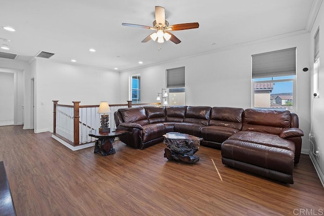 1837 Ashley Ave, Chula Vista, CA 91913 - living area with ornamental molding, wood finished floors, ceiling fan, and recessed lighting