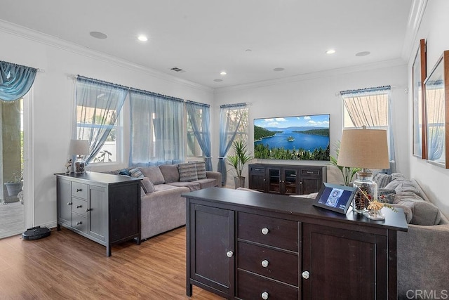 1837 Ashley Ave, Chula Vista, CA 91913 - living area with ornamental molding, light wood-type flooring, and recessed lighting