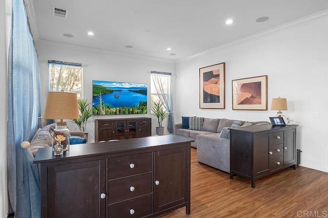 1837 Ashley Ave, Chula Vista, CA 91913 - living room with wood finished floors, ornamental molding, and recessed lighting