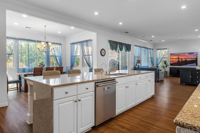 1837 Ashley Ave, Chula Vista, CA 91913 - kitchen featuring stainless steel dishwasher, dark wood-type flooring, a chandelier, healthy amount of natural light, and recessed lighting